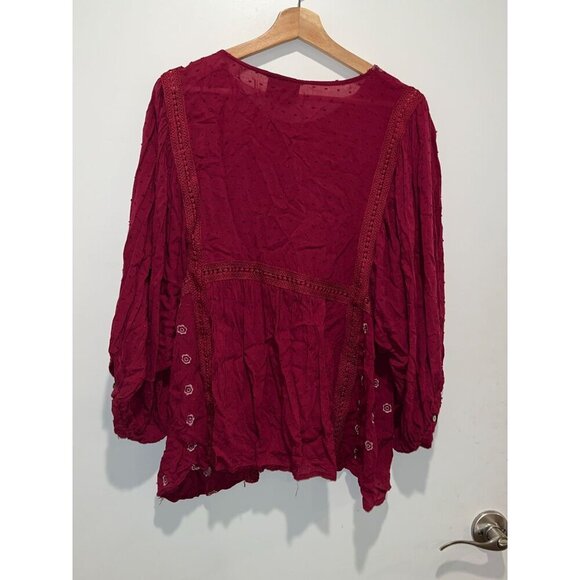 LIV Los Angeles Burgundy Elastic Sleeve Embroidered Boho Blouse Women's Size 2X - Picture 3 of 9